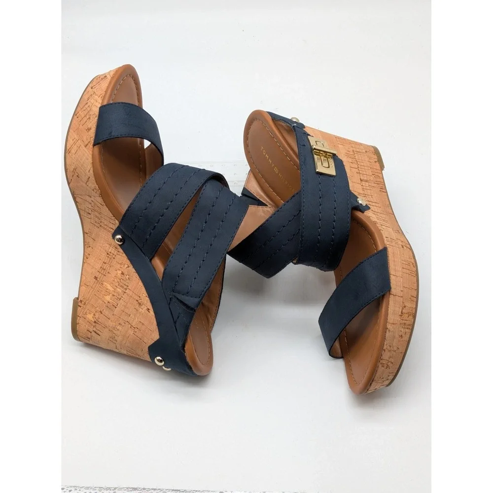 Tommy Hilfiger Womens 8.5M Navy Blue Cork Wedge Sandals Platform Gold Hardware